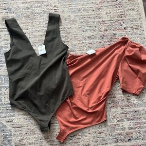 Free People BUNDLE Deep V Olive and Rust Bodysuit Set